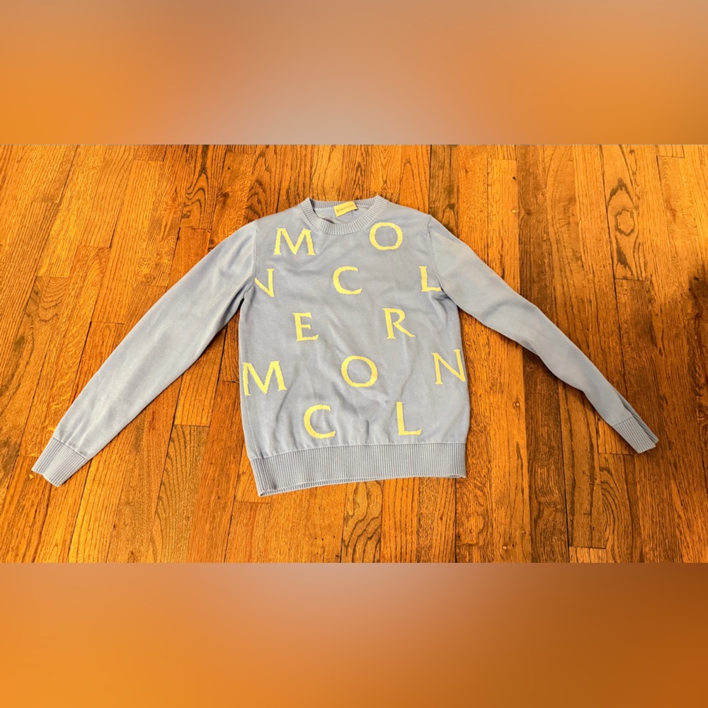 Moncler Kids Sweater in Light Blue with Yellow Lettering